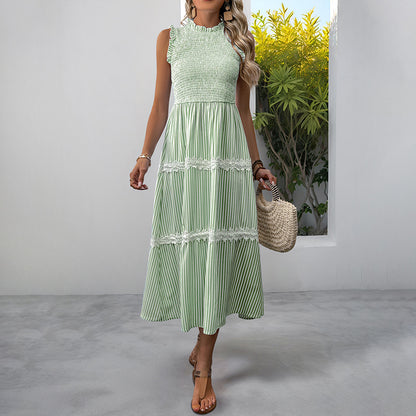 Striped A-Line Midi Dress with Smocked Bodice and Lace Trim