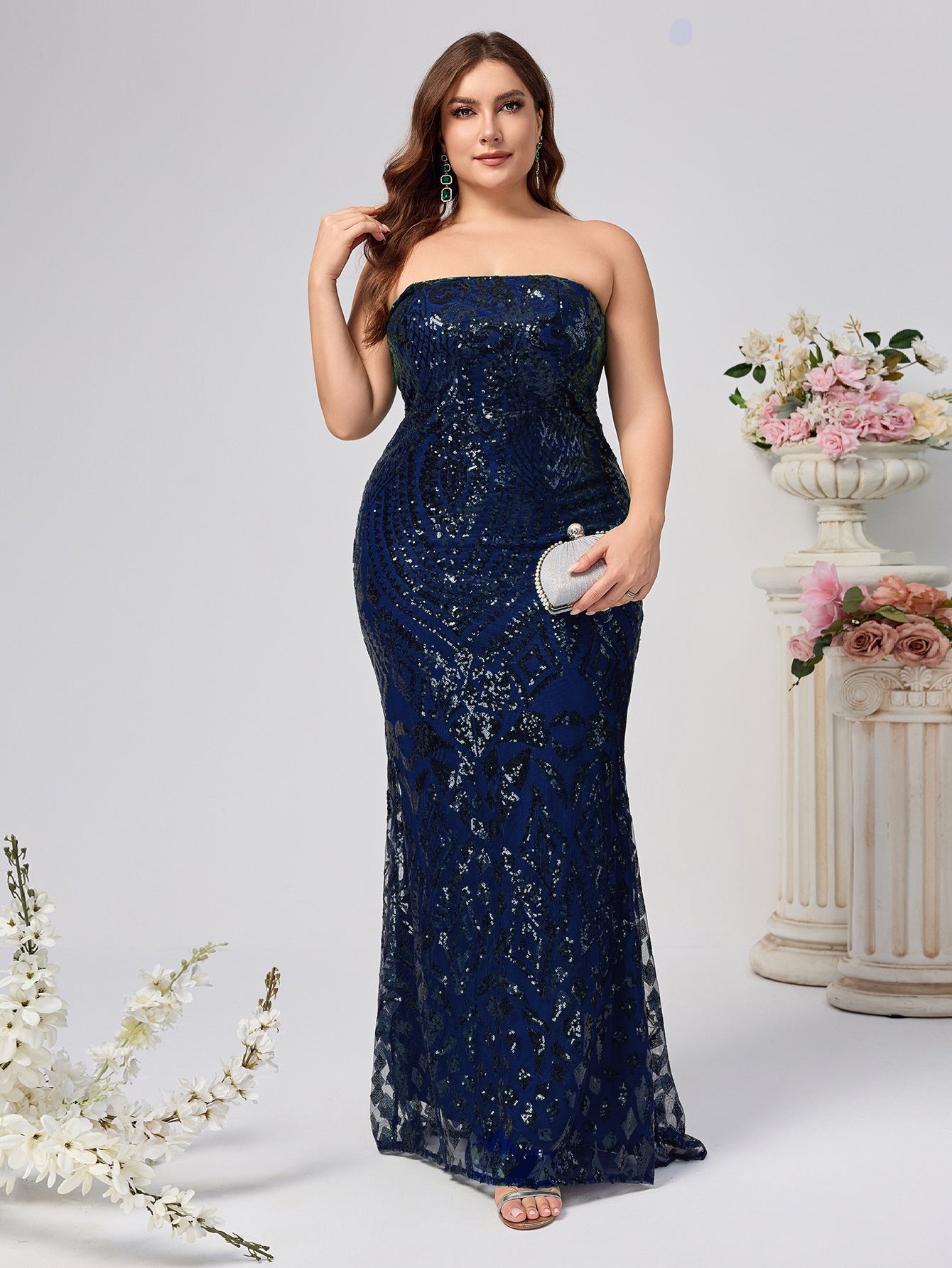 Sequined Sheath Maxi Dress with Strapless Neckline