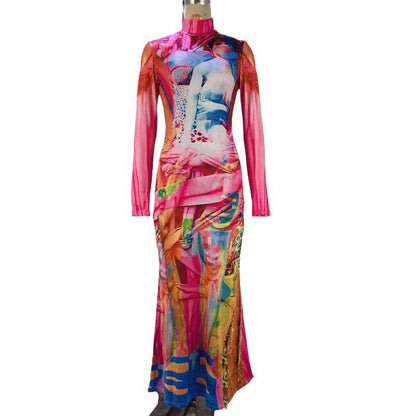 Artistic Portrait Print Bodycon Midi Dress with Mock Neck