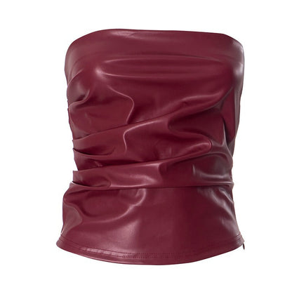 Faux Leather Strapless Tube Top with Pleated Front
