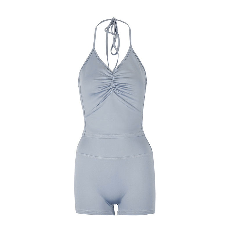 Solid Ruched Halter Top and High-Waist Shorts Set