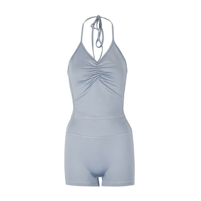 Solid Ruched Halter Top and High-Waist Shorts Set
