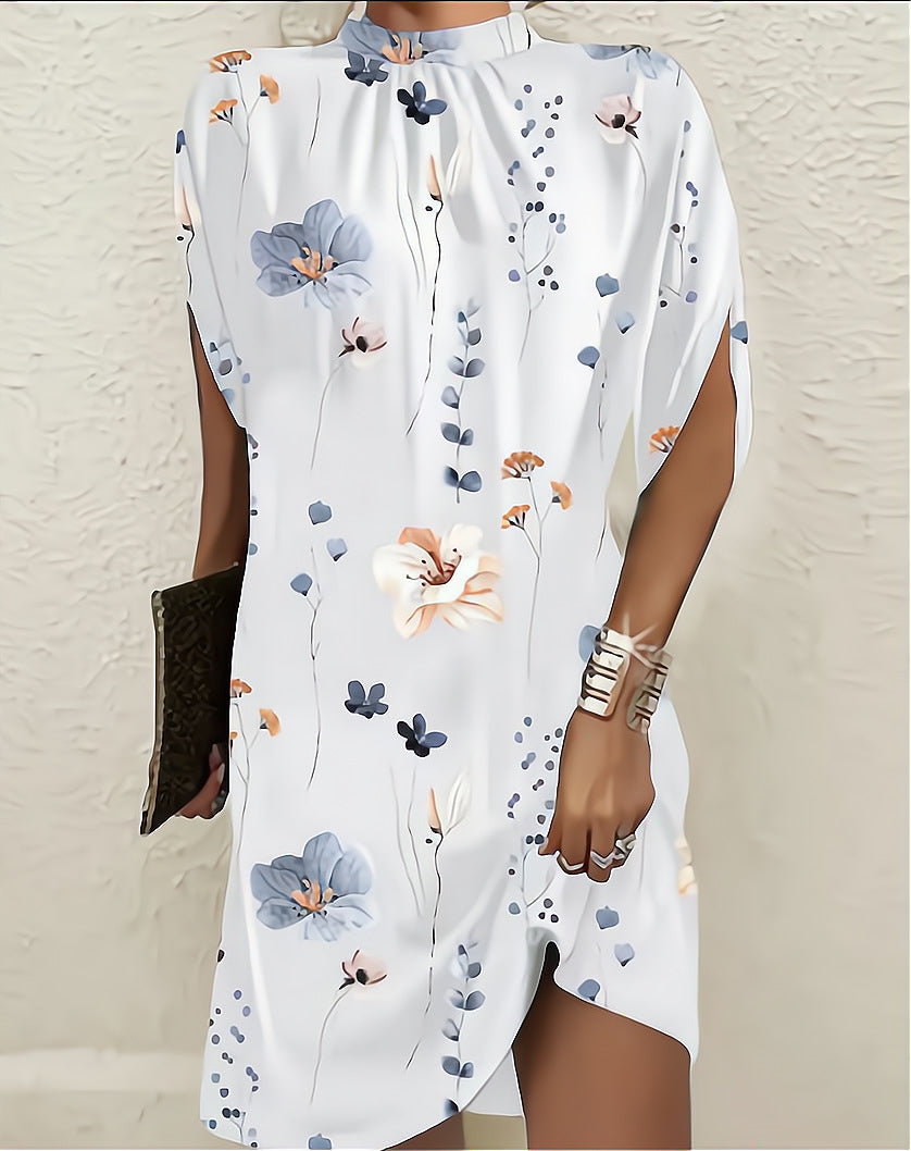 Floral Print Shift Dress with Mock Neck and Bat Sleeves