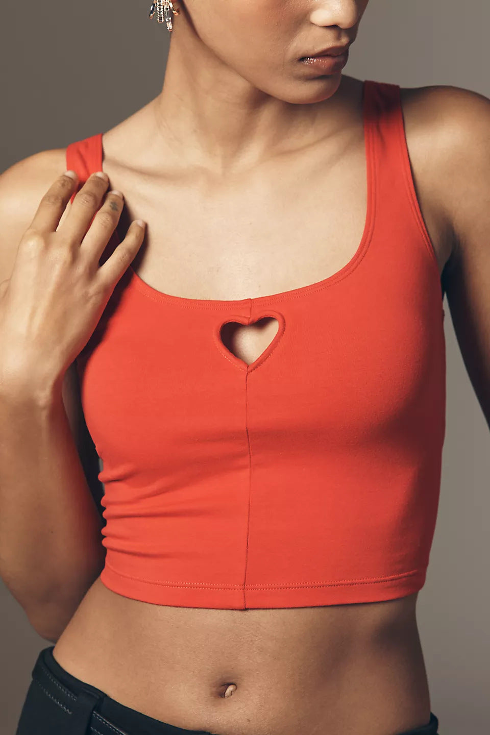 Slim Fit Cropped Tank Top with Heart Cut-Out Detail