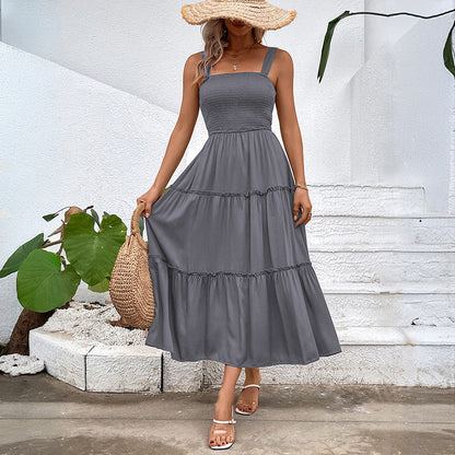 Solid A-Line Midi Dress with Smocked Bodice & Tiered Skirt