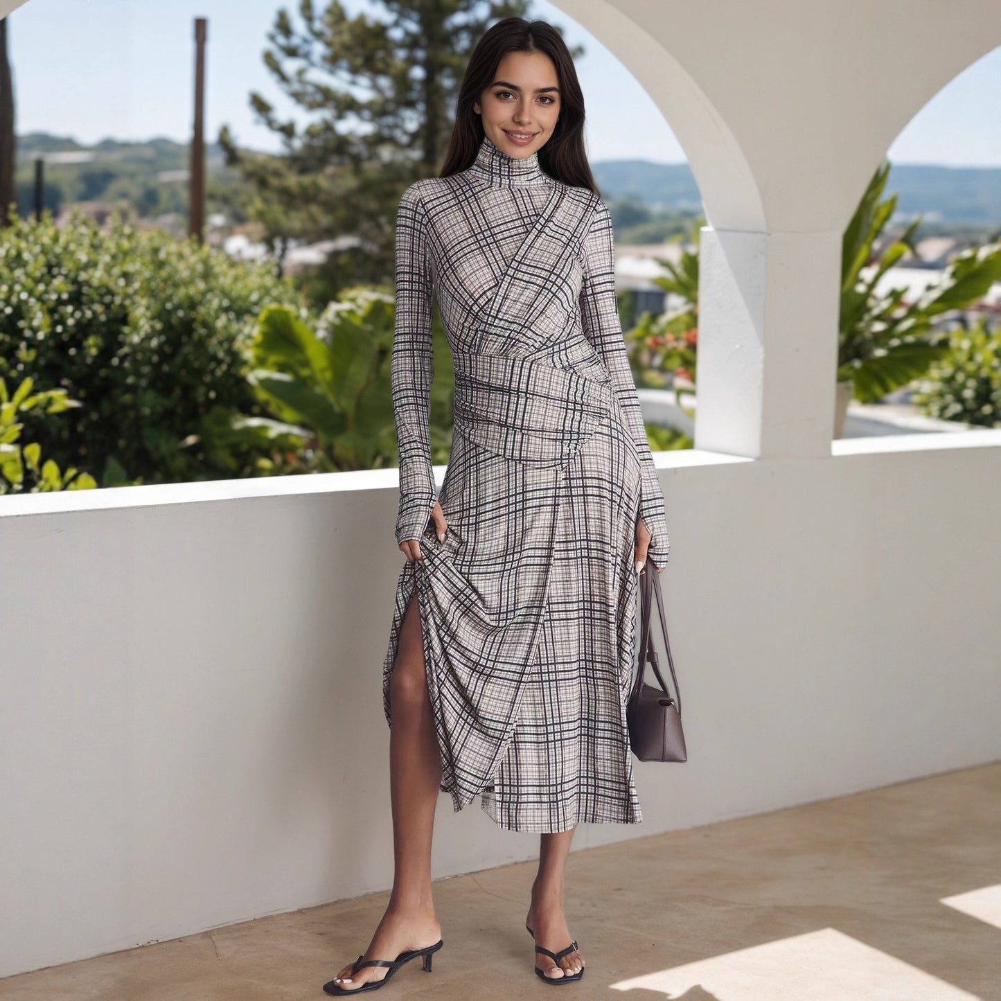 Plaid Knit Midi Dress with Stand Collar and Ruched Front