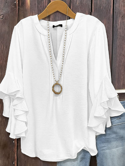 Solid V-Neck Top with Three-Quarter Tiered Ruffle Sleeves