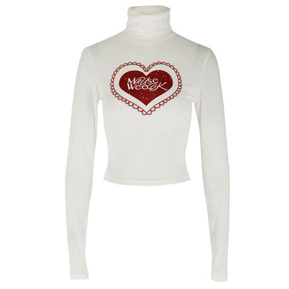 Slim Cropped Long Sleeve Turtleneck Top with Heart Print
