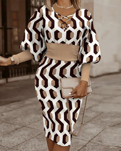 Geometric Print Sheath Dress with Lace-Up V-Neck and Dolman Sleeves