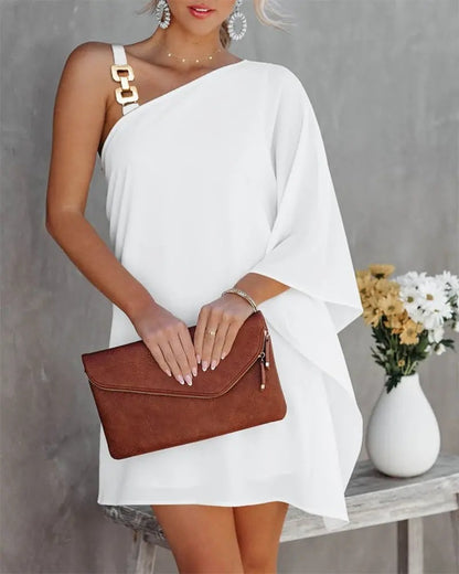 Printed One-Shoulder Mini Dress with Bat Sleeves