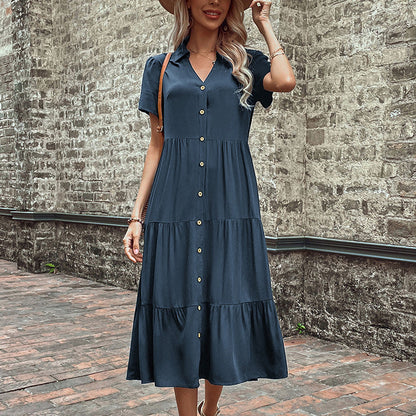 Solid Tiered A-Line Midi Dress with Button-Down Front