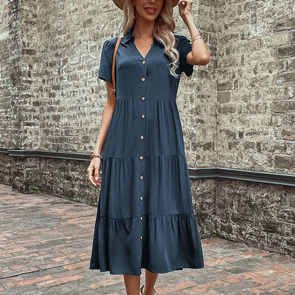 Solid Tiered Midi Shirt Dress with V-Neck and Button Front