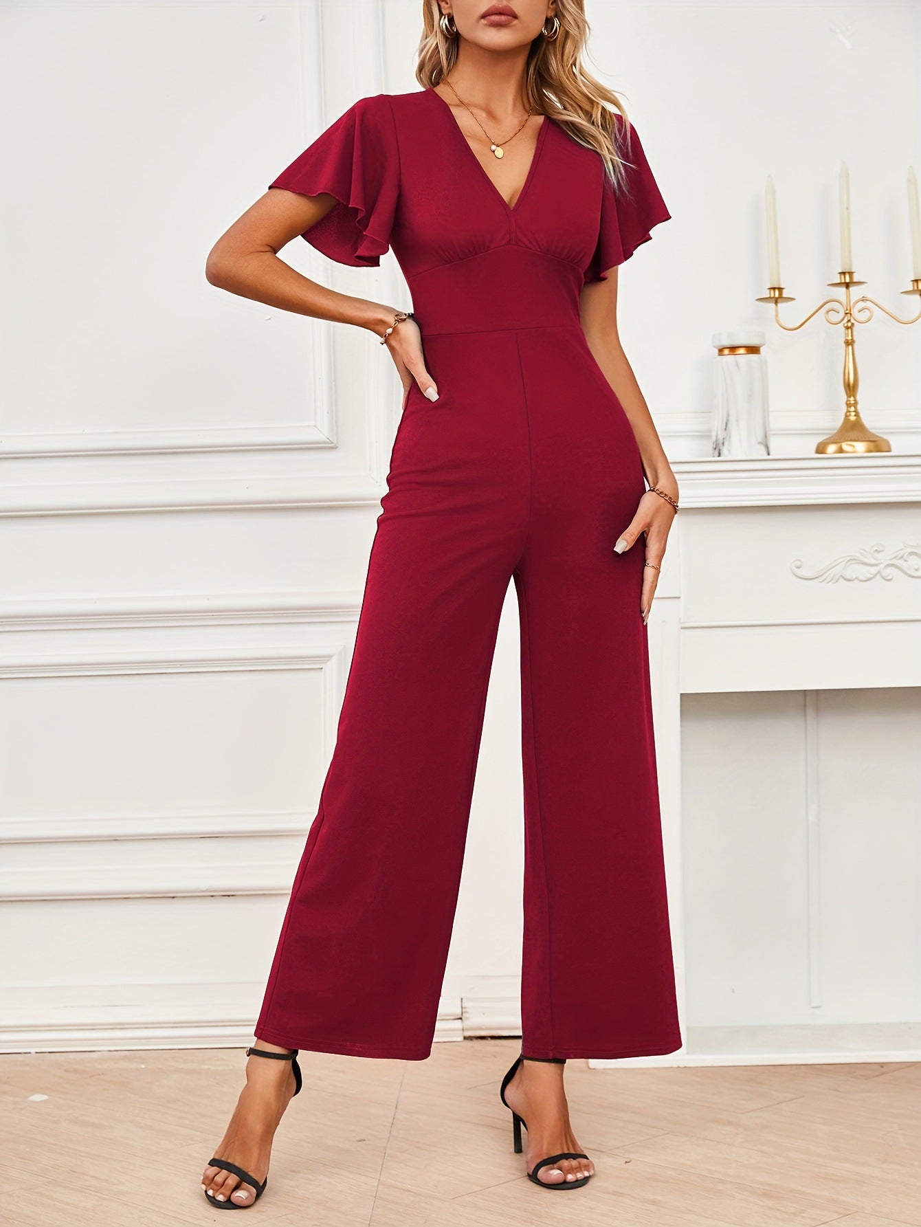 Straight-Leg Jumpsuit with Flutter Sleeves and V-Neck