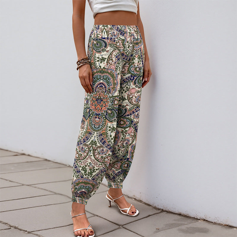 Paisley Print Loose Lantern Pants with Elastic Waist and Cuffs