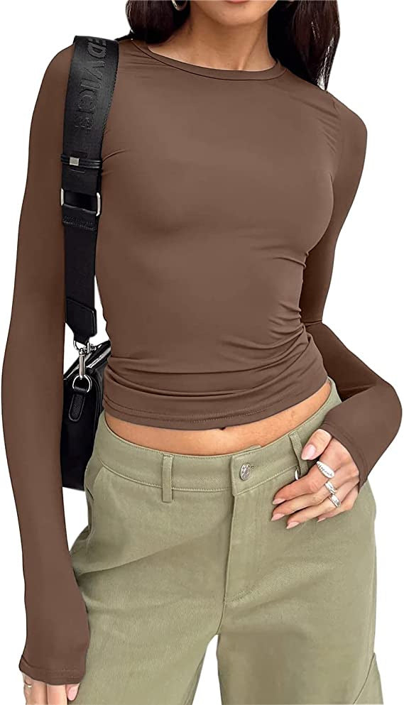 Slim Fit Long Sleeve Crewneck Top in Solid Colors