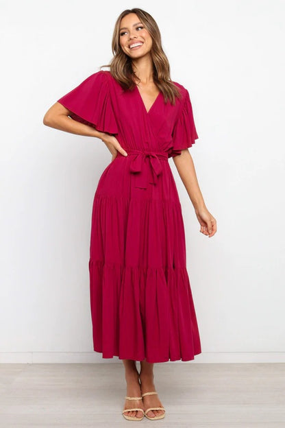 Tiered Maxi Dress with Wrap V-Neck and Flutter Sleeves