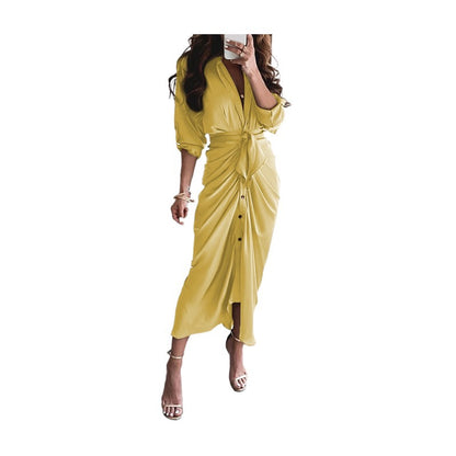 Striped Long Sleeve Midi Dress with V-Neck and Tie-Waist