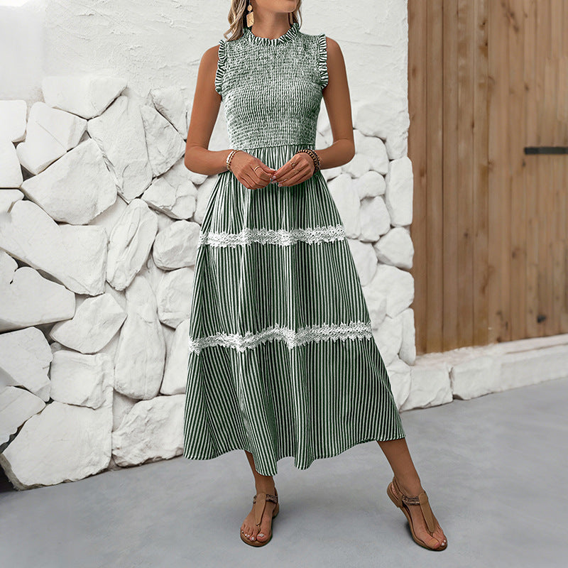 Striped A-Line Midi Dress with Smocked Bodice and Lace Trim