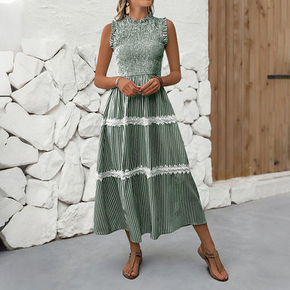 Striped A-Line Midi Dress with Smocked Bodice and Lace Trim