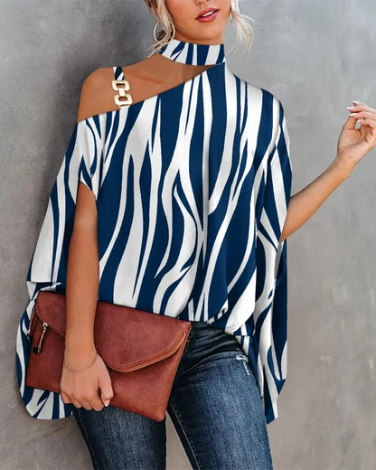 Printed Dolman Sleeve Blouse with Choker Neck and Chain Detail
