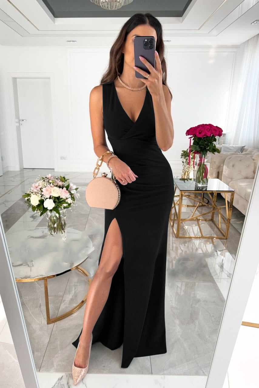 Sleeveless Sheath Maxi Dress with V-Neck and High Slit