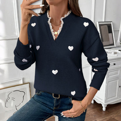 Heart Pattern Knit Sweater with Scalloped V-Neck