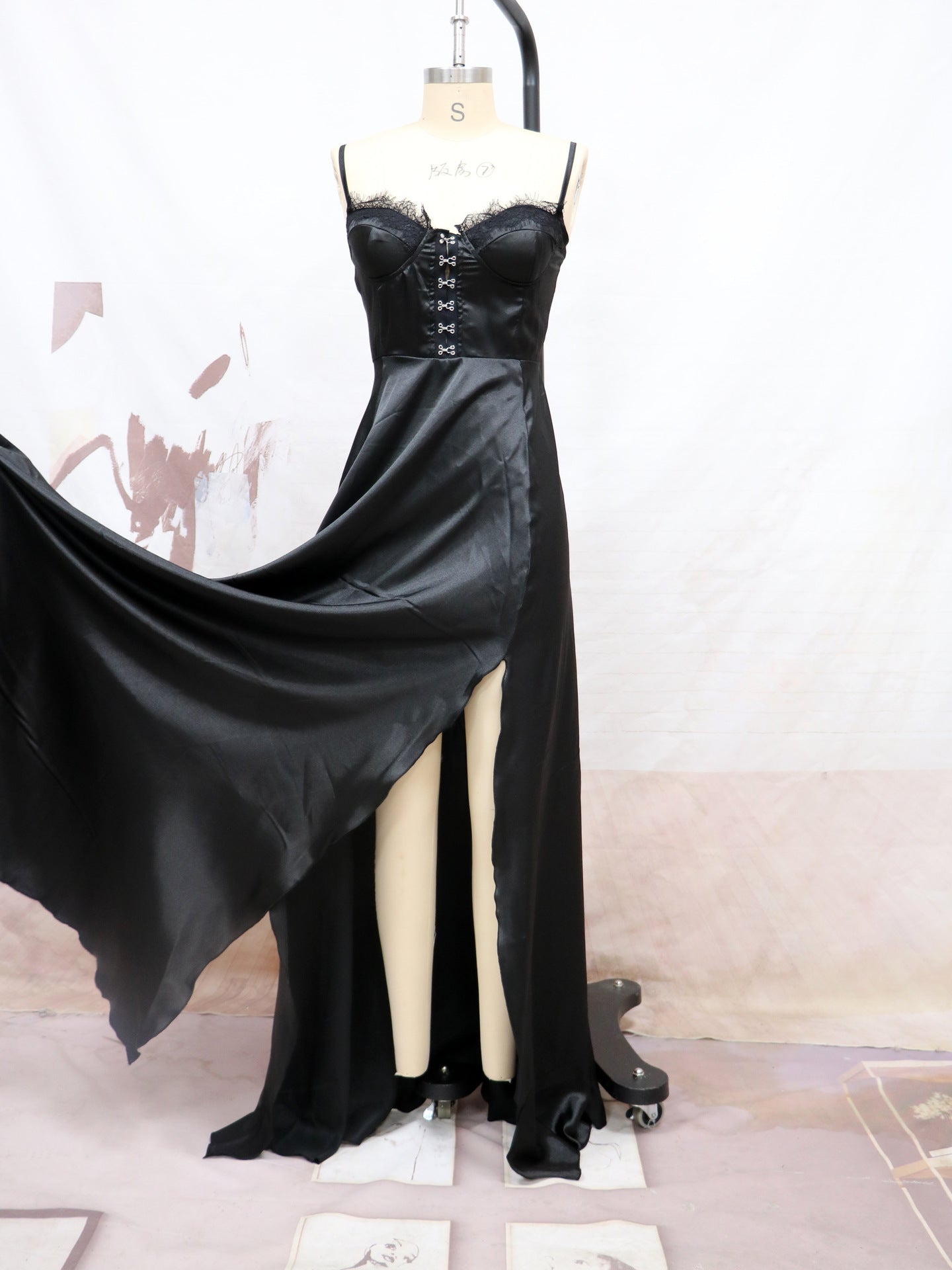 Satin Maxi Gown with Sweetheart Corset Bodice and Thigh-High Slit