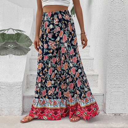 Boho Floral Wide-Leg Pants with High Waist