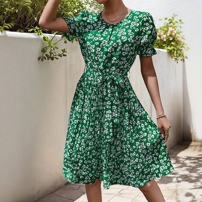 Floral Print Pleated Midi Dress with Tie Waist