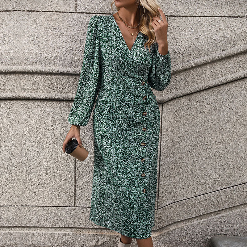 Ditsy Floral Wrap Midi Dress with V-Neck & Button Front