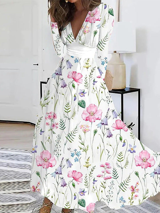 Floral Print Midi Dress with V-Neck and Long Sleeves