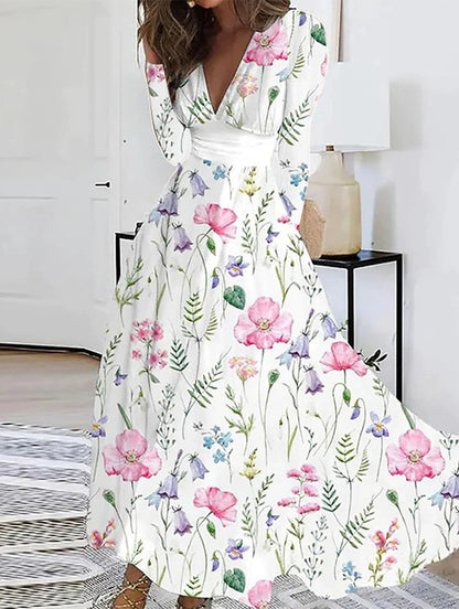 Floral Print Midi Dress with V-Neck and Long Sleeves