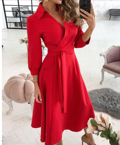 Printed Wrap Midi Dress with Shirt Collar and 3/4 Sleeves