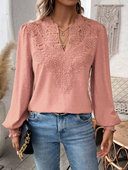 Swiss Dot Blouse with Lace V-Neck and Long Sleeves