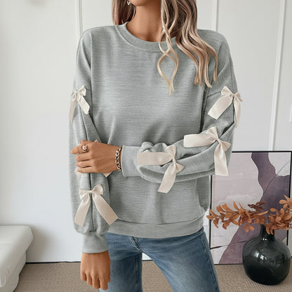 Loose Solid Sweatshirt with Bowknot Sleeve Details