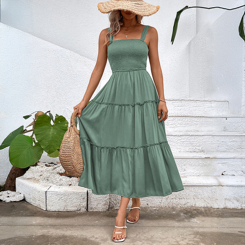 Solid A-Line Midi Dress with Smocked Bodice & Tiered Skirt
