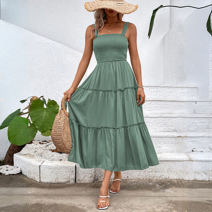 Solid A-Line Midi Dress with Smocked Bodice & Tiered Skirt