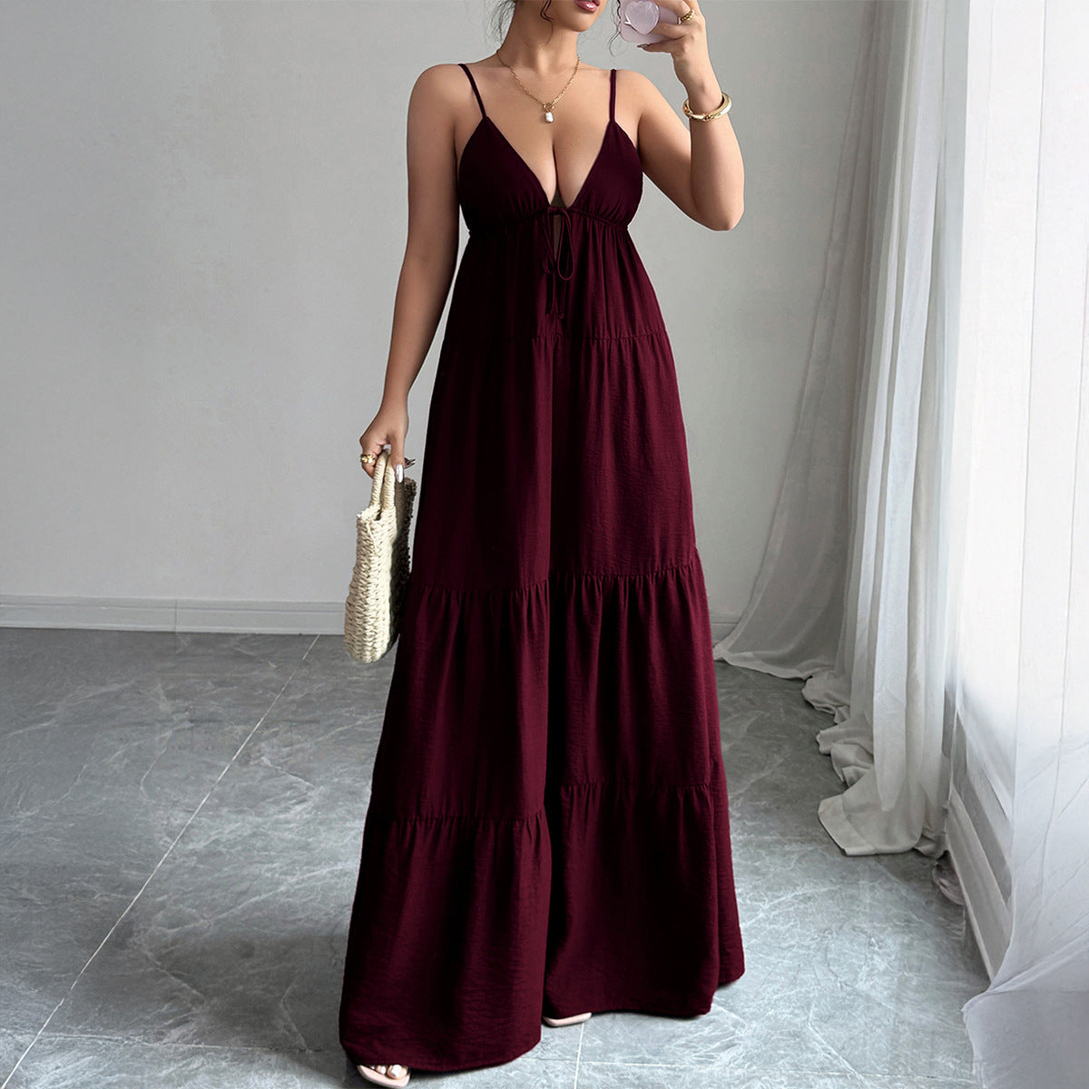 Spaghetti Strap Maxi Dress with Tie-Front V-Neck and Tiered Skirt