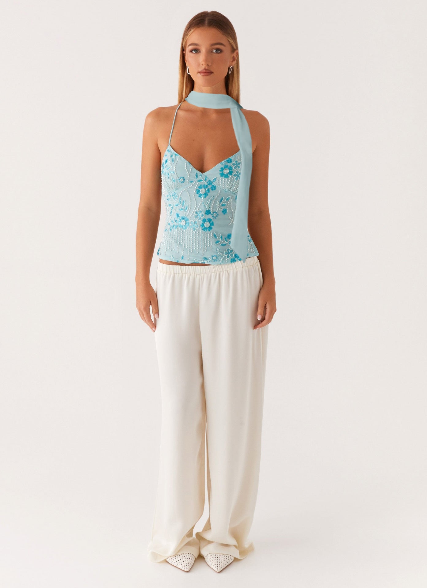 Floral Sequined Camisole Top with Matching Scarf