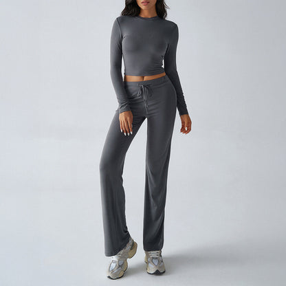Solid Cropped Long-Sleeve Top & Straight-Leg Pants Loungewear Set