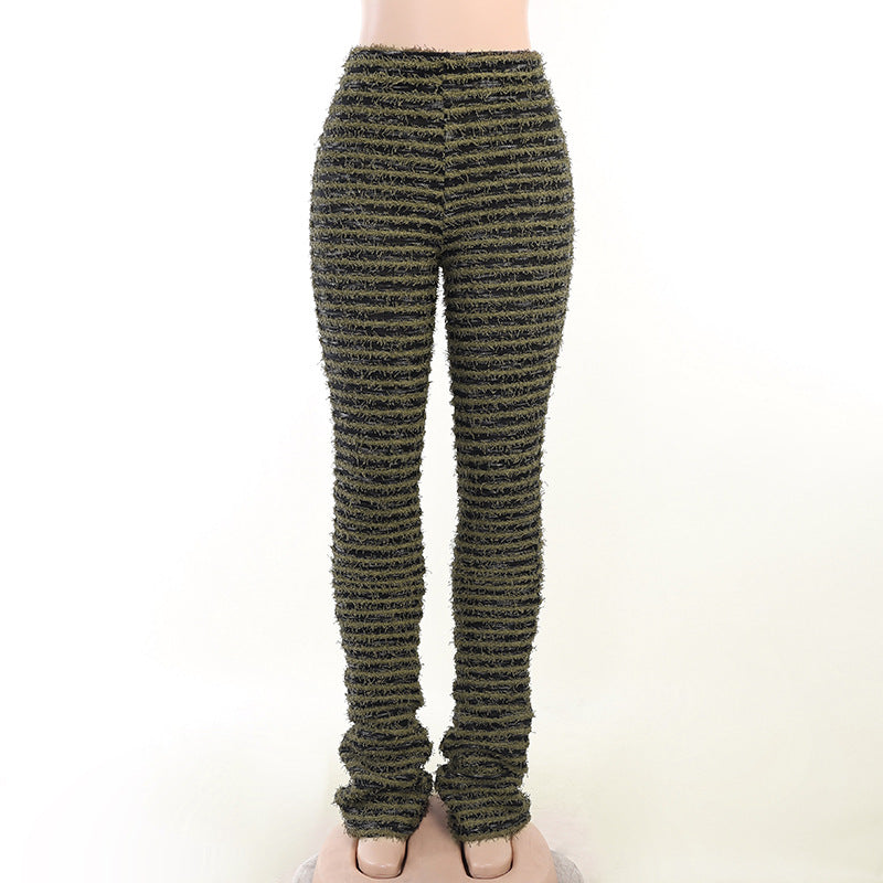 Striped High-Waist Knit Trousers with Fringed Detail