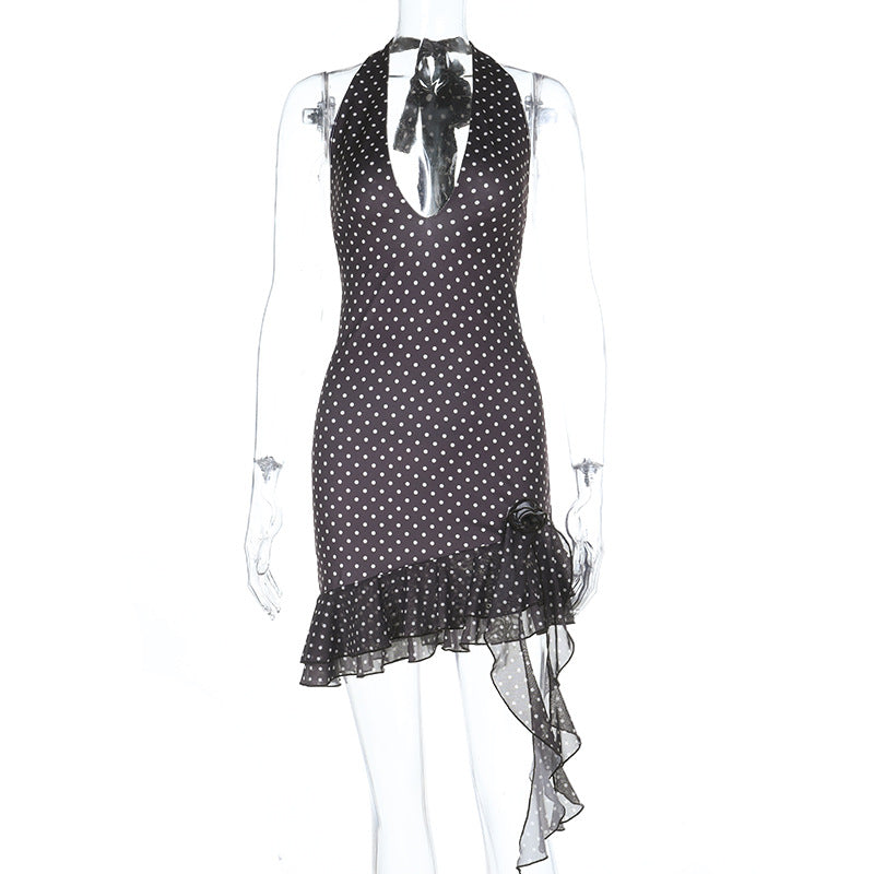 Polka Dot Halter Mini Dress with Deep V-Neck and Ruffle Hem