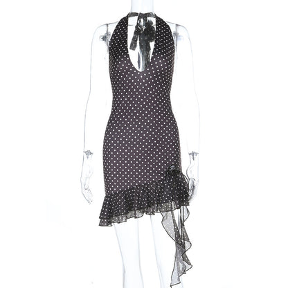 Polka Dot Halter Mini Dress with Deep V-Neck and Ruffle Hem