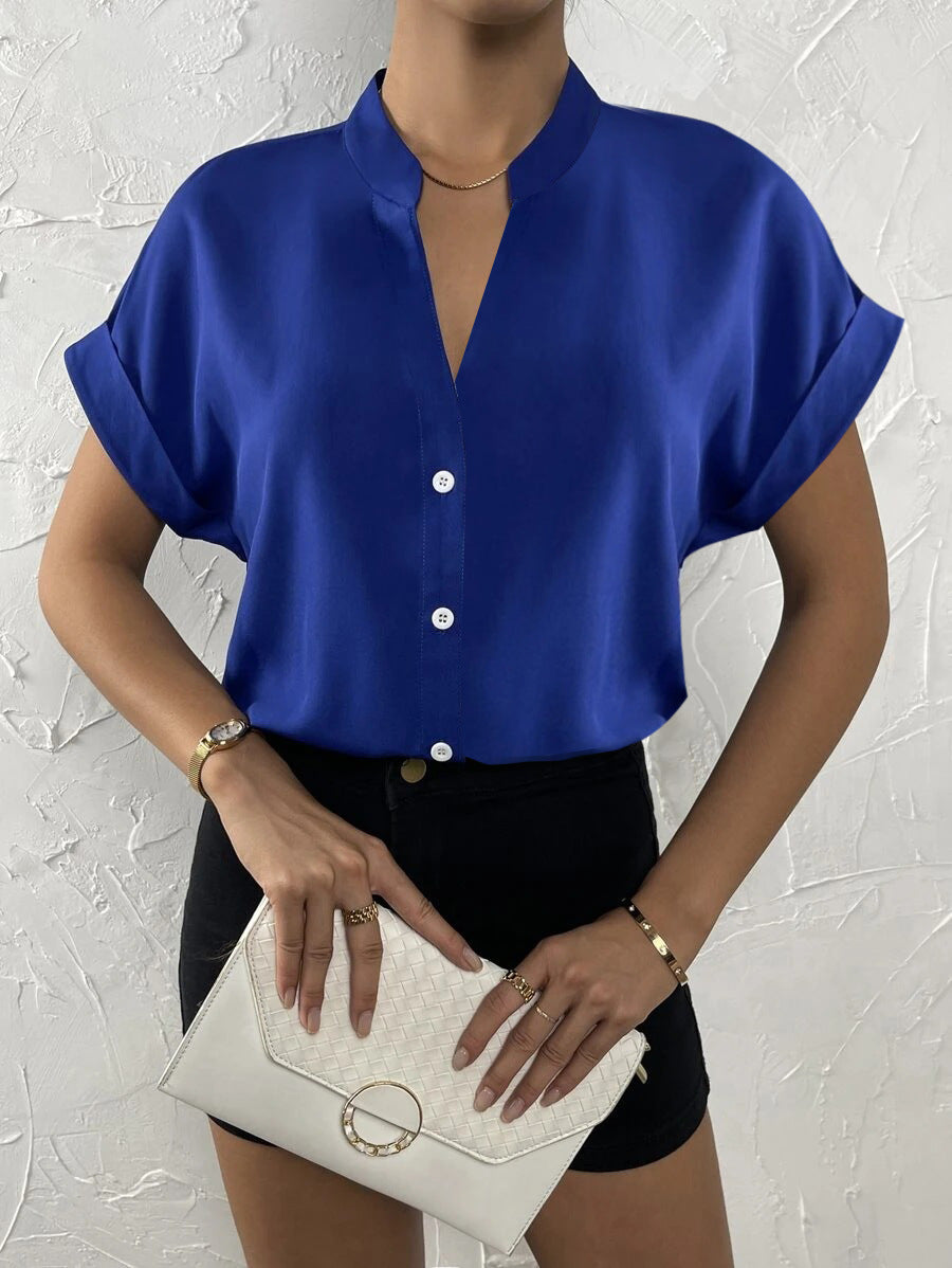 Solid Blouse with Short Sleeves and Band Collar V-Neck