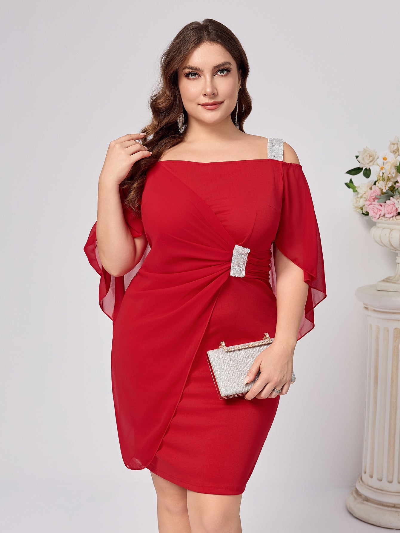 Sheath Dress with Draped Sleeves and Rhinestone Accents