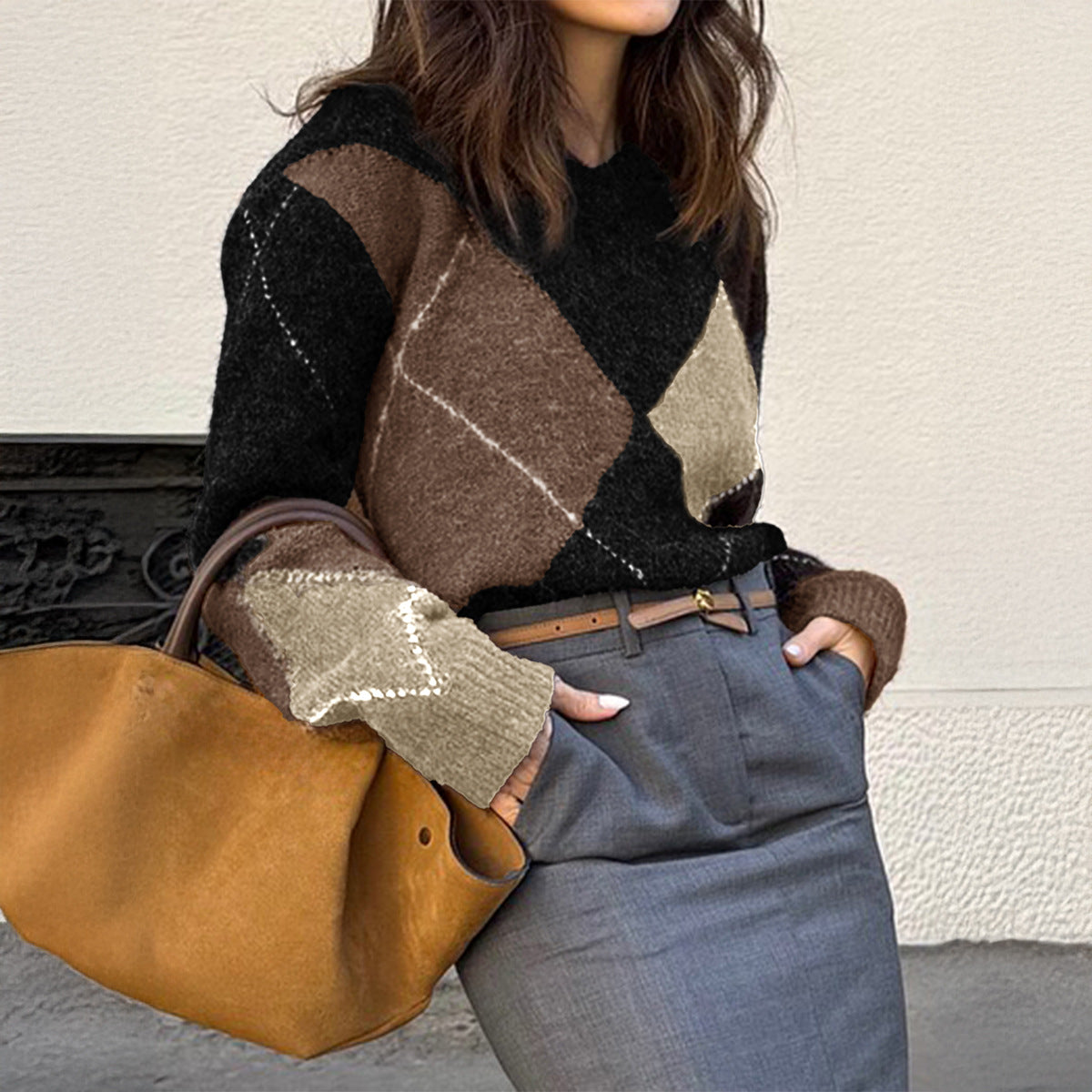 Loose Color-Blocked Argyle Knit Sweater with V-Neck