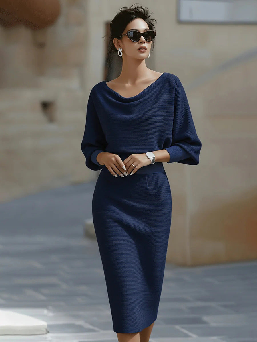 Ribbed Knit Sheath Dress with Cowl Neck and Dolman Sleeves