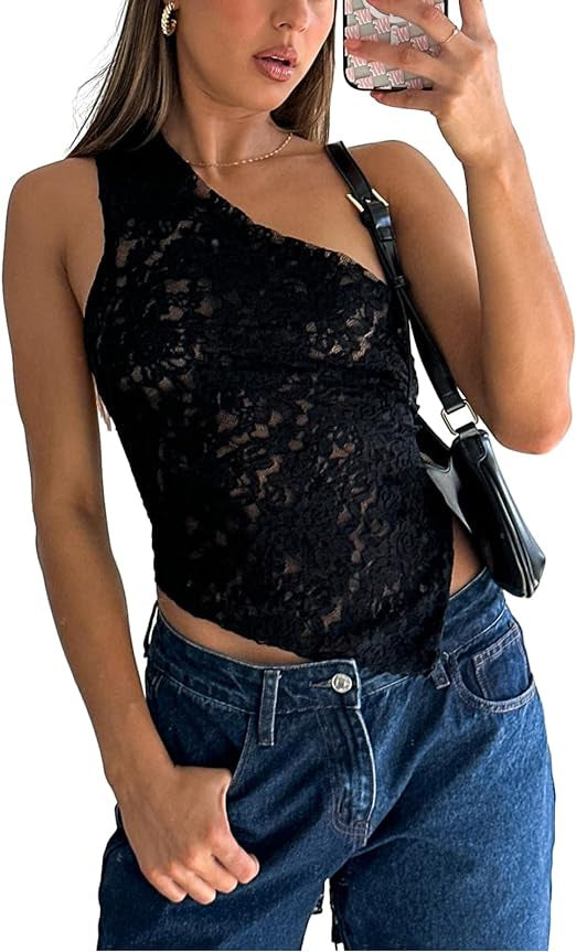 One-Shoulder Lace Top with Handkerchief Hem and Tie-Back