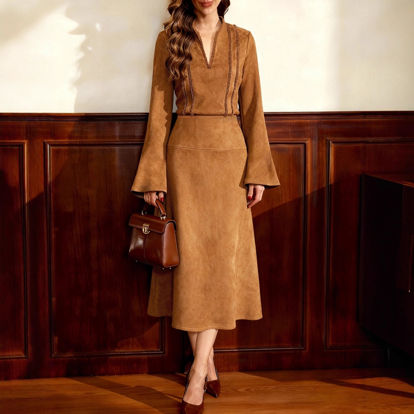Faux Suede A-Line Two-Piece Skirt Set with Bell Sleeves
