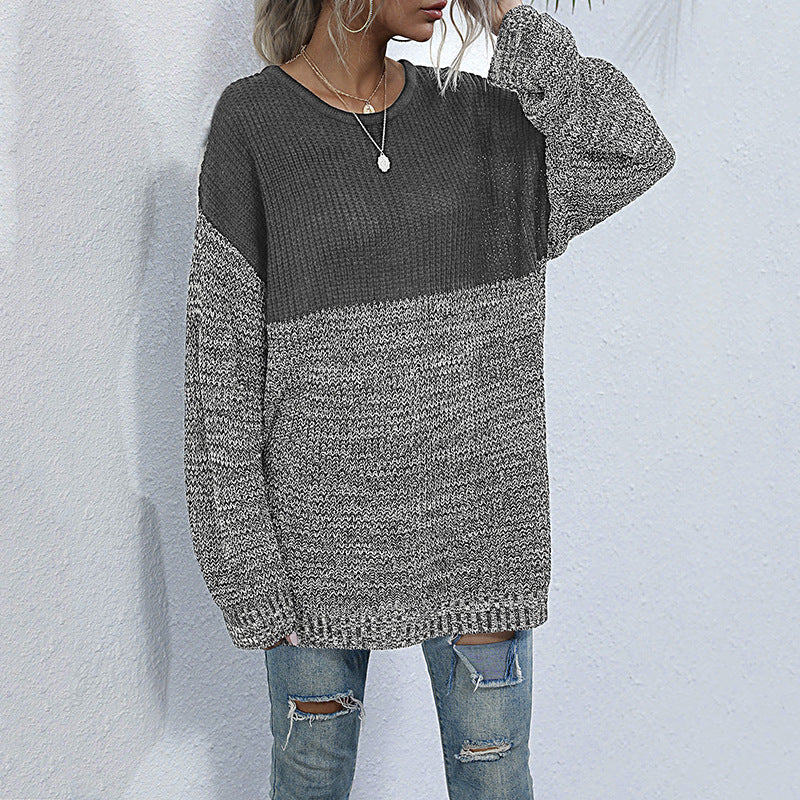 Oversized Color-Block Knit Sweater with Crewneck